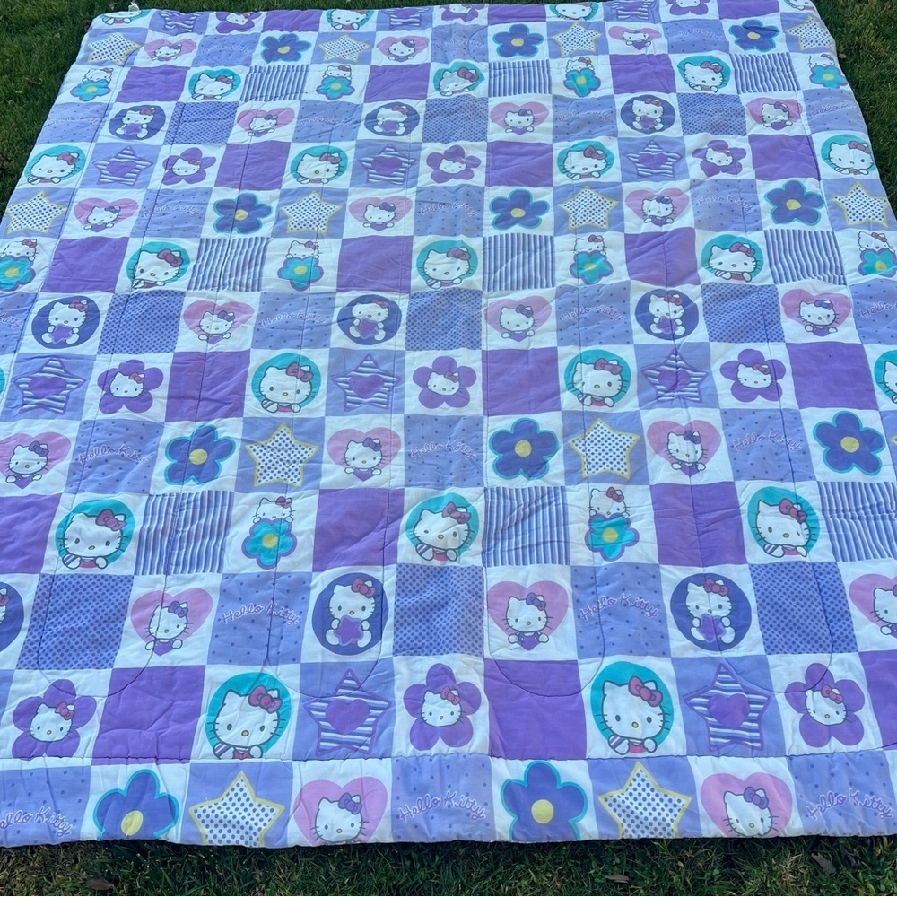 Y2K Sanrio Hello Kitty Checkerboard Patchwork Stripe Reversible Comforter READ